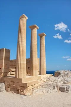 Acropolis of Lindos - Three Doric columns of ancient Temple of goddess Athena Stock Photos