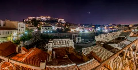 Acropolis by night panorama Stock Photos