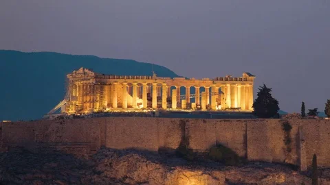 Acropolis Parthenon evening to night time lapse rare sideview Stock Footage 76218248