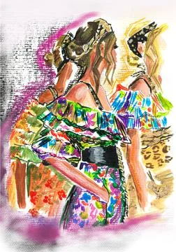 Acrylic abstract  illustration of imaginary models in floral printed dresses Stock Illustration