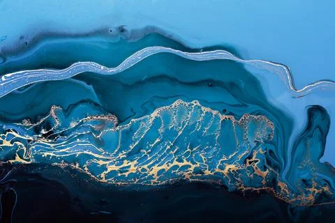 Acrylic Fluid Art. Golden wave in abstract ocean of blue paint and gold pow.. Stock Illustration