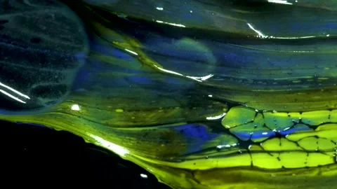 Acrylic paint macro abstract art Orange Blue Red Silver colors macro photography Stock Footage 150998916