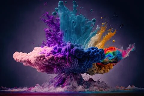 Acrylic paint underwater explosion with a purple backdrop and rainbow smoke Stock Illustration
