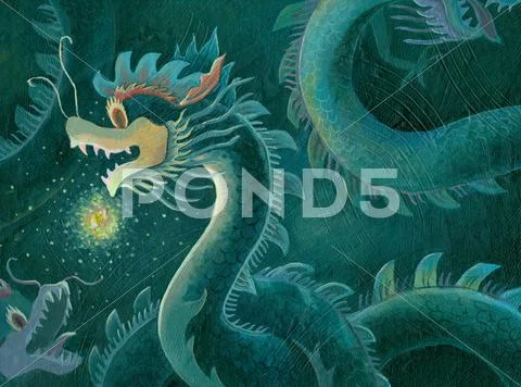 Acrylic painting of a Chinese dragon with the shine dragon ball light Stock Illustration