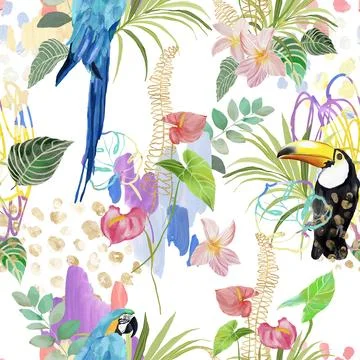 Acrylic tropical seamless pattern of plants , toucan and parrot. Hand drawn b Stock Illustration