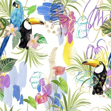Acrylic tropical seamless pattern of plants , parrot and toucan. Hand drawn.. 스톡 일러스트