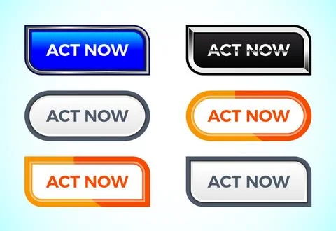 Act now button set of different shapes and colors. Suitable for mobile app,.. Stock Illustration