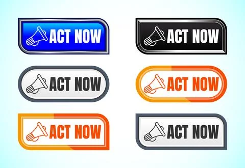 Act now button set of different shapes and colors. Suitable for mobile app,.. Stock Illustration