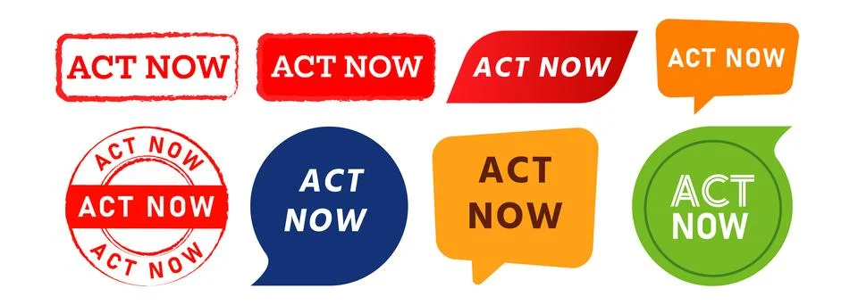 Act now rectangle circle stamp and speech bubble sign for motivational Stock Illustration