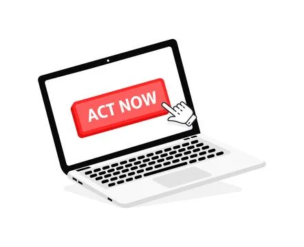 Act now text on Laptop screen with a red button . Button with pointer clicking イラスト素材