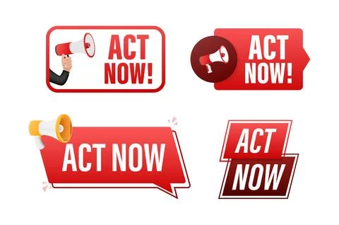 Act now text with Megaphone label set. Megaphone in hand promotion banner 스톡 일러스트