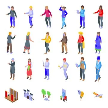 Acting lessons icons set isometric vector. Online kid Stock Illustration