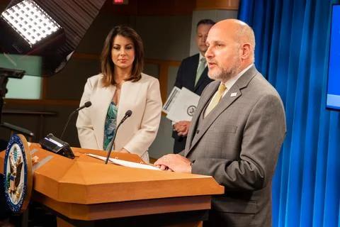 Acting USAID Administrator John Barsa delivers remarks to the media in the .. Stock Photos