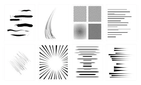 Action burst line elements black radial and linear motion shapes for comic .. Illustrazione stock