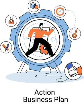 Action business plan, development strategies, foreseeing market risks. Company Illustrazione stock