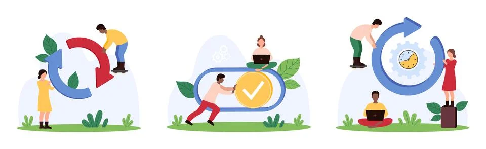 Action buttons of update software progress set, tiny people holding circular Illustrazione stock
