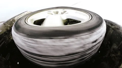 Action camera attached under tire when car going by snowy road high revolutions Stock-Footage 140687692