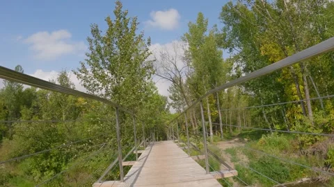 Action camera from bike while riding across a narrow bridge and along a winding  Stock Footage 301109774