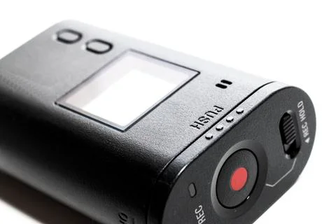 Action camera with case on white background Foto stock