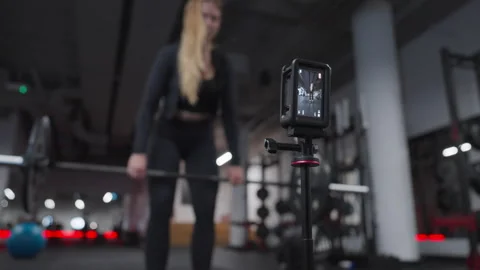 Action Camera Frames Female Athlete During Barbell Workout Stock Footage 346789981