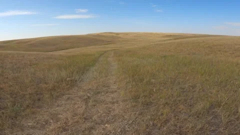 Action camera from front of bike riding a grassy wagon trail through barren land Stock Footage 301109700