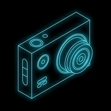 Action camera glowing neon style on black background Illustrazione stock
