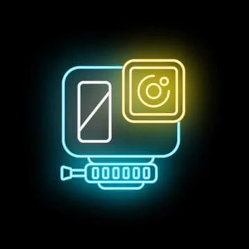 Action camera icon glowing with neon blue and yellow light Stockillustratie