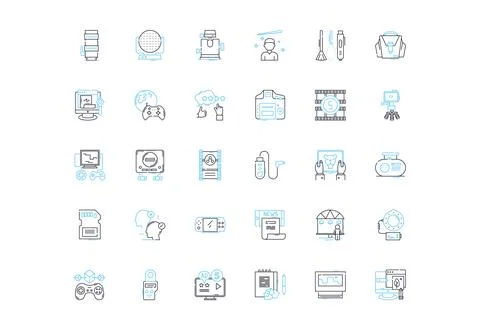 Action camera linear icons set. Adventure, Waterproof, Compact, Stabilization Stock Illustration