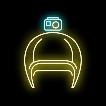 Action camera mounted on sport helmet neon icon 스톡 일러스트
