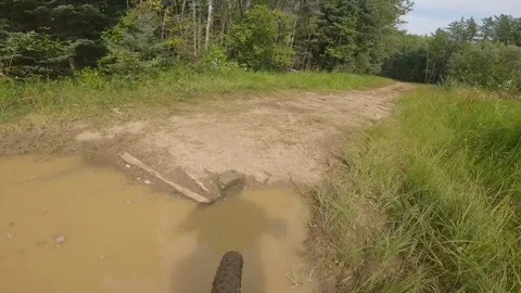 Action camera POV from a cyclist riding along a muddy dirt road  Stock Footage 259220181