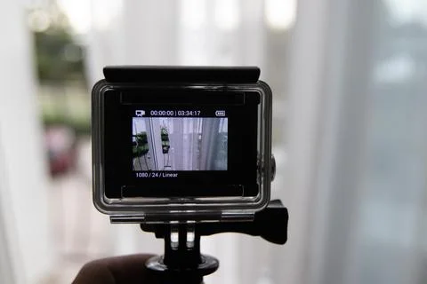 Action Camera Screen Displaying Balcony Scene in Rackeve Stock Photos