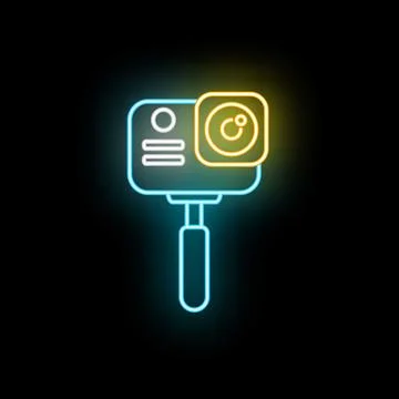 Action camera with selfie stick neon sign Stockillustratie