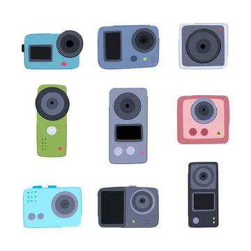 Action camera set cartoon vector illustration Stock Illustration