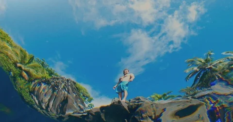 Action camera shot of young man jumping into pristine blue water Stock Footage 106045318