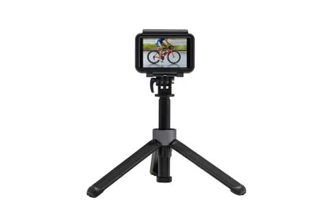 Action camera on a tripod with a cyclist in the screen isolated on white back Stock Photos
