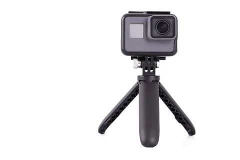 The action camera on tripod isolated on white background Stock Photos