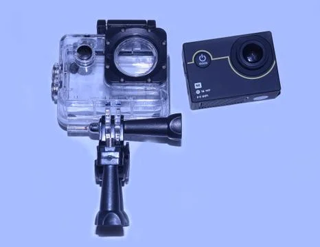 Action camera with waterproof case Stock Photos