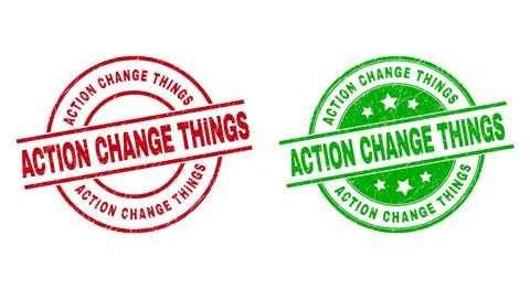 ACTION CHANGE THINGS Round Stamp Seals with Scratched Style Stock Illustration
