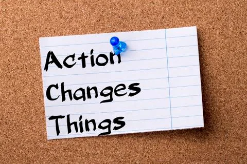 Action Changes Things ACT - teared note paper pinned on bulletin board Stock Photos