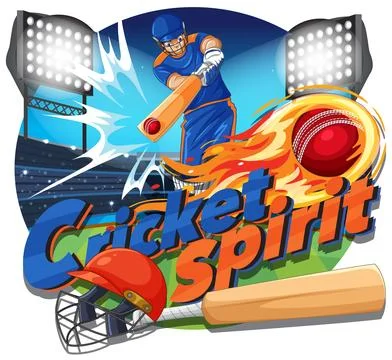 Action Cricket Player Vector Illustration with Flaming Ball and Stadium Light Stock Illustration