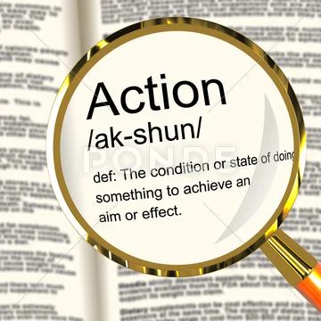Action definition magnifier showing acting or proactive Stock Illustration
