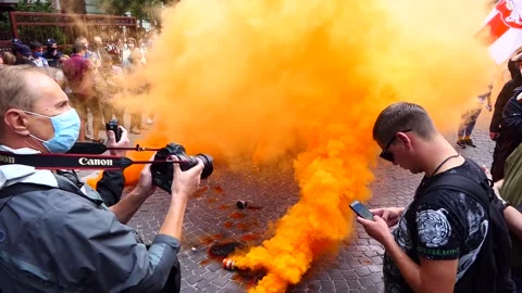 Action, flash mob, protest, strike of nationalists with pyrotechnics. Stock Footage 137457477