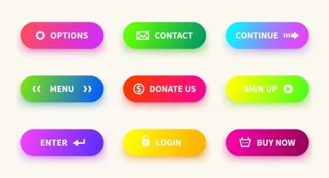 Action gradient button. Learn more web ui navigation buttons, mobile game app Stock Illustration