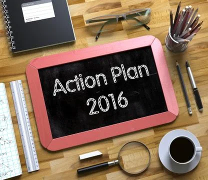 Action Plan 2016 on Small Chalkboard. 3D Stock Illustration