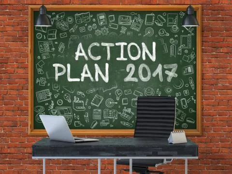 Action Plan 2017 on Chalkboard with Doodle Icons. 3D Stock Illustration