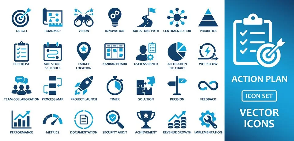 Action Plan and project management solid icon set containing icons for targ.. Stock Illustration