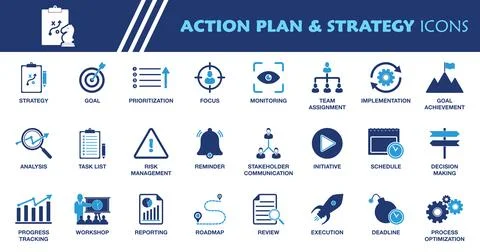 Action Plan and Strategy Icon Set. Collection of Goal, Roadmap, Planning, W.. Stock Illustration