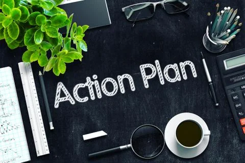 Action Plan on Black Chalkboard. 3D Rendering Stock Illustration