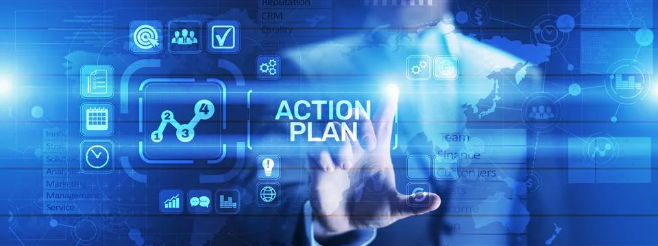Action plan business strategy development concept on virtual screen Stock-Fotos