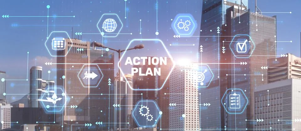 Action plan on city background. Algorithm and strategy development business Stock Photos